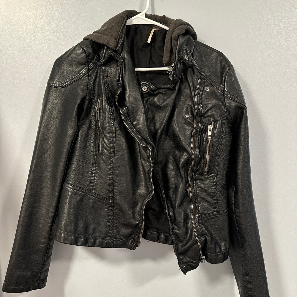 Free People Faux Leather Biker Jacket with Grey Hood